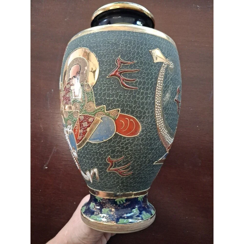 Japanese Satsuma Style Hand-Painted Vase with Figures and Gold Accents